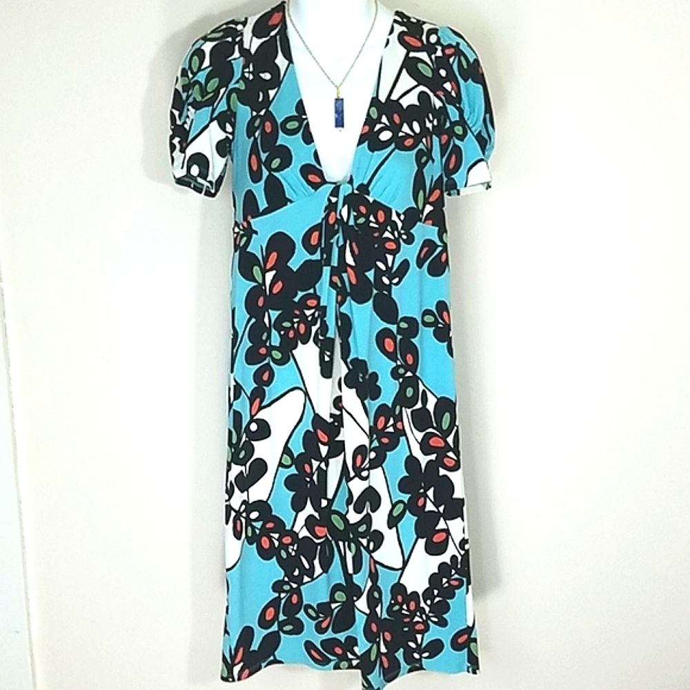 BCBG Paris Floral Midi Dress Blue Orange Green Short Sleeve V-Neck Knot 4